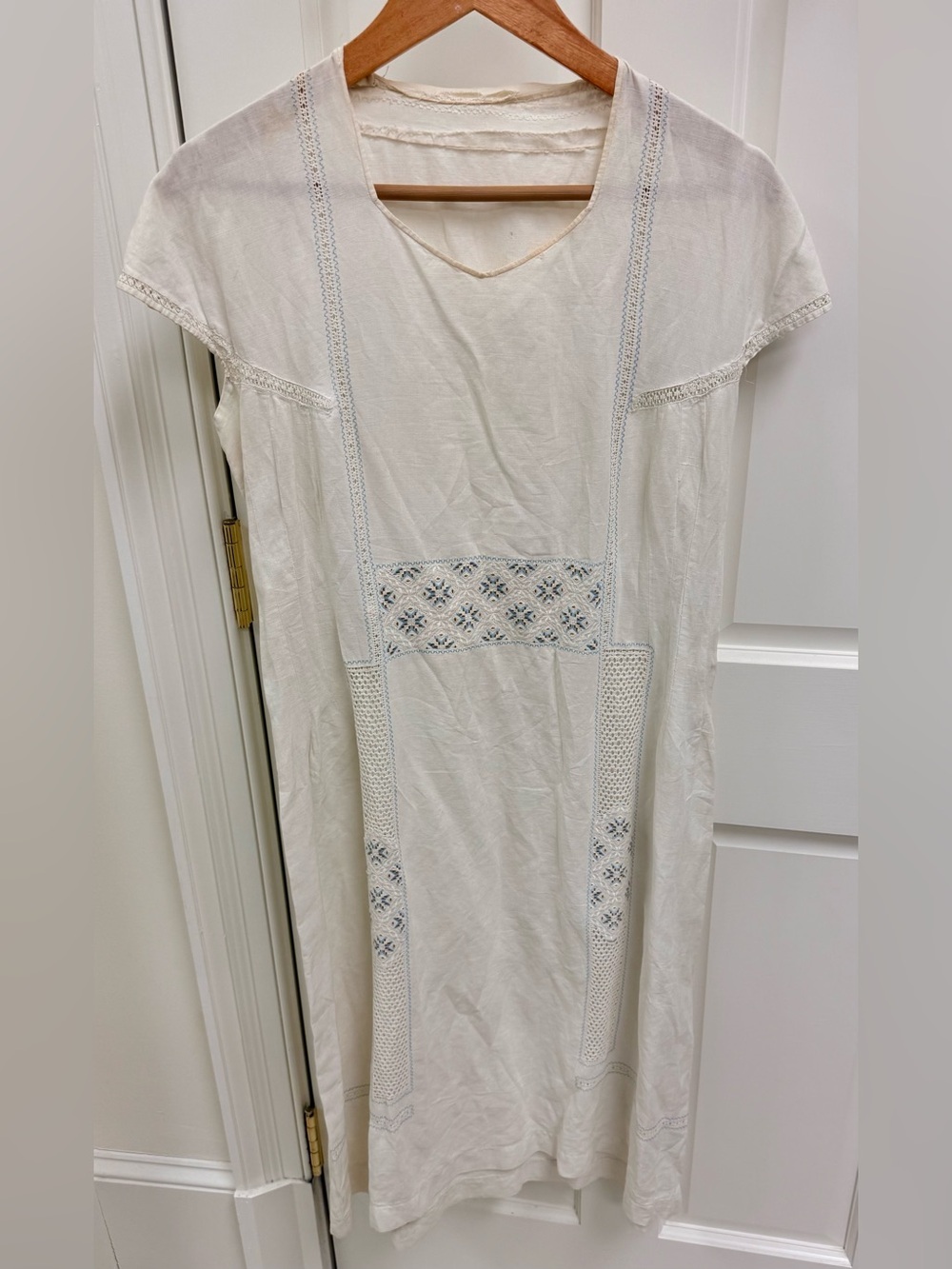 1920’s Antique Hand Embroidered Linen Chevron Lace Cottagecore Cream Lawn Dress